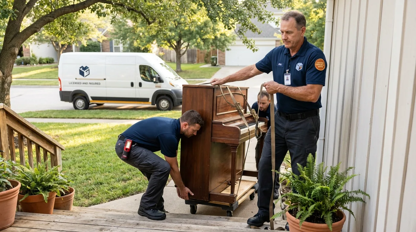 Licensed piano movers securing grand piano in Boron, CA