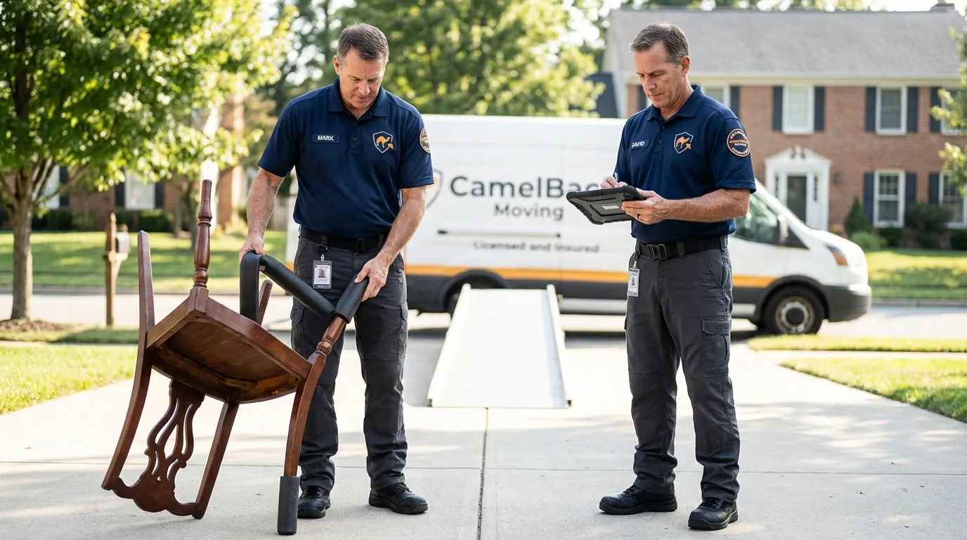 Movers inspecting furniture for damage prevention before loading in Boron, CA