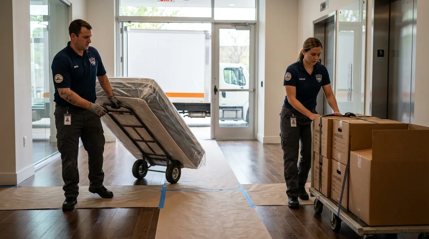 Professional apartment movers loading elevator in Boron, CA