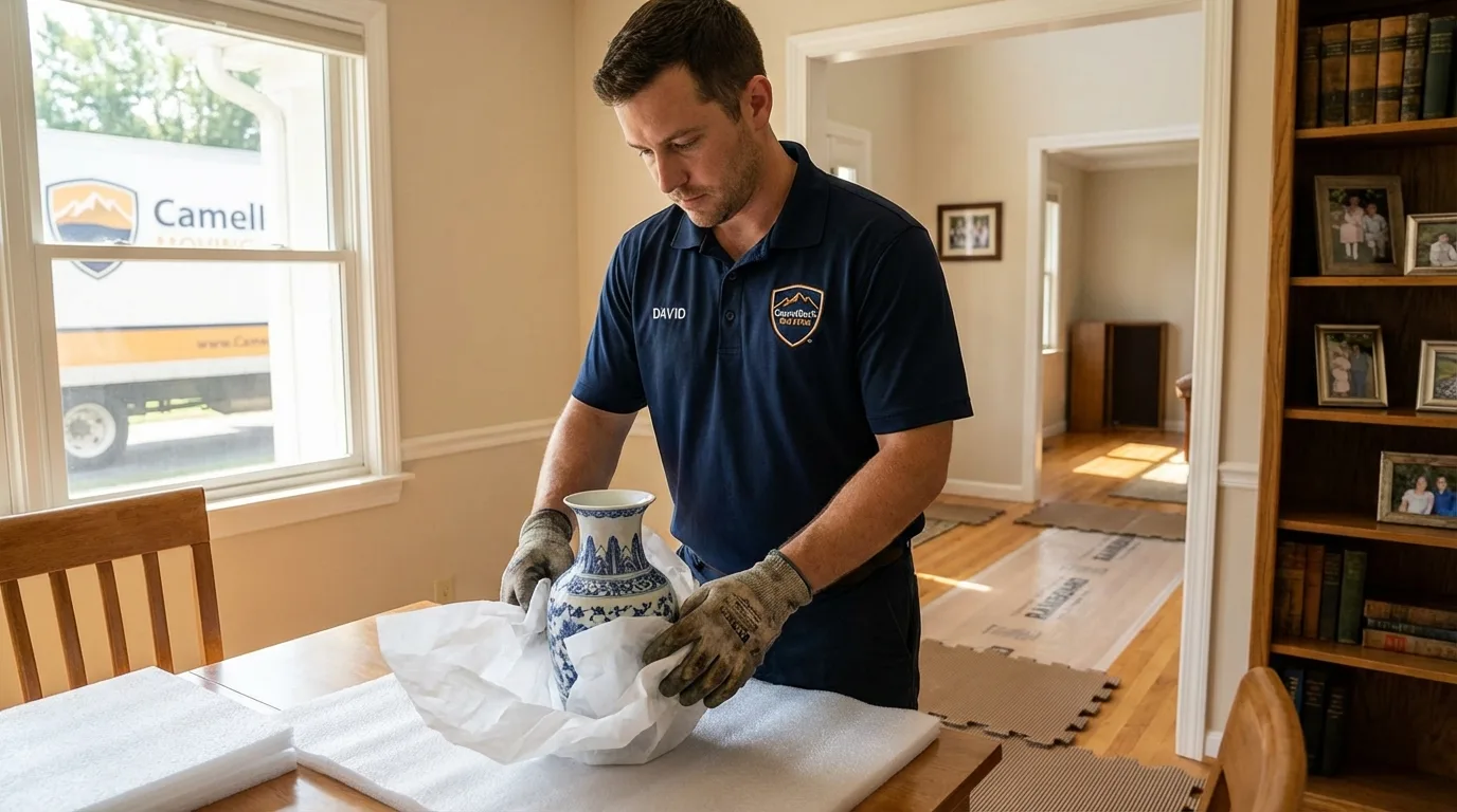 Professional crew carefully wrapping antique vase for senior downsizing move in Boron, CA